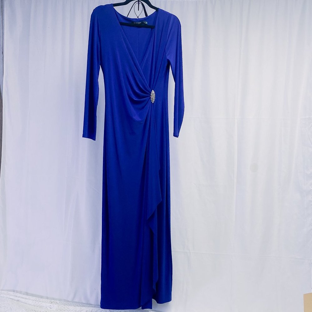 Women's Lauren Ralph Lauren Royal Blue V-neck Jersey Gown Petite Evenings Formal - Picture 2 of 14